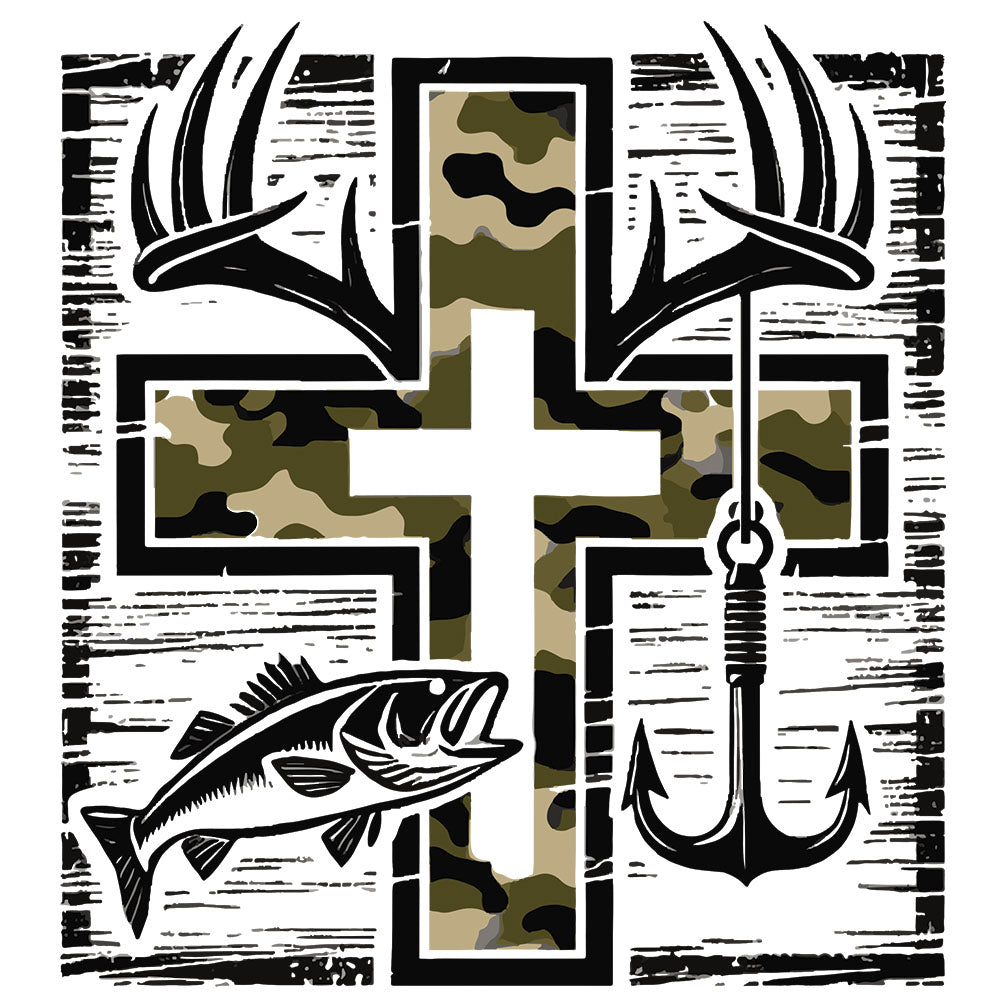 Camo Cross DTF transfer design featuring a distressed camouflage Christian cross with deer antlers above and a fish on a hook below