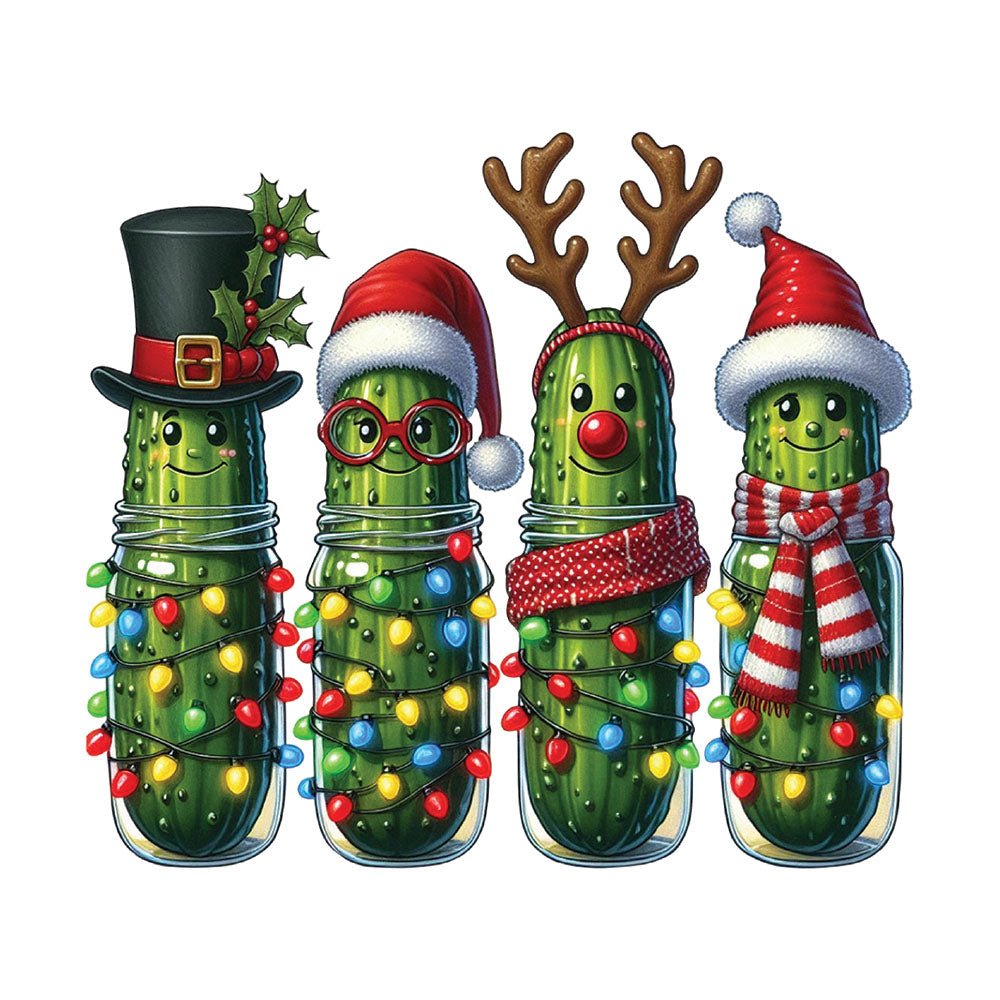 Christmas Pickles DTF transfer design featuring four cartoon pickles in mason jars dressed in Christmas attire including top hat with holly, Santa hat with glasses, reindeer antlers with scarf and Santa hat with striped scarf wrapped in Christmas lights