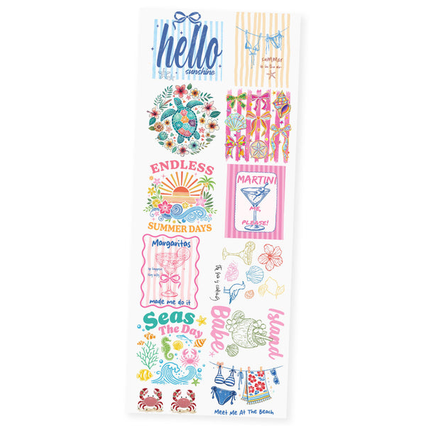 Coastal Summer Vibes premade DTF transfer gangsheet featuring 12 beach and summer designs including Hello Sunshine Blue Stripes, Summer Is In The Air bikini line, Floral Sea Turtle, Vibrant Seashell Stripes, Endless Summer Days sunset, Martini Me Please, Margaritas Made Me Do It, The Sea Is Calling Symbols, Seas The Day, Island Babe Coconut, Meet Me At The Beach Bikini and Faux Crochet Crab