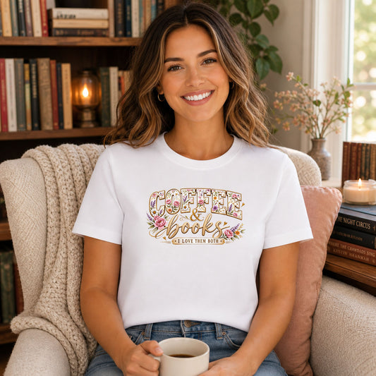 Coffee And Books DTF transfer design mockup on a t-shirt featuring an open book and coffee illustration with floral accents in warm earth tones