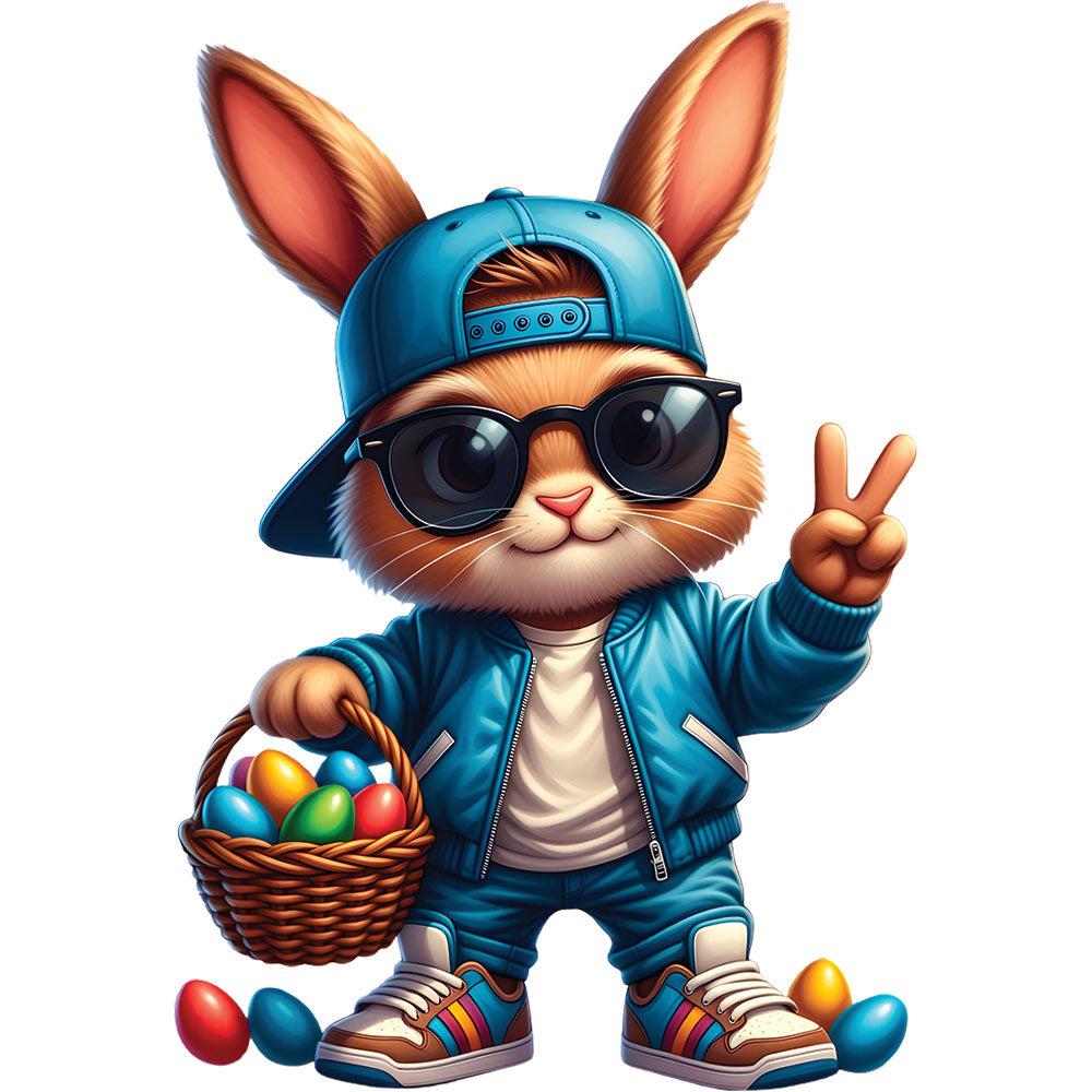 Cool Easter Bunny DTF transfer design featuring a stylish bunny in a blue backwards cap, sunglasses, blue jacket and sneakers carrying a basket of colorful Easter eggs with a peace sign