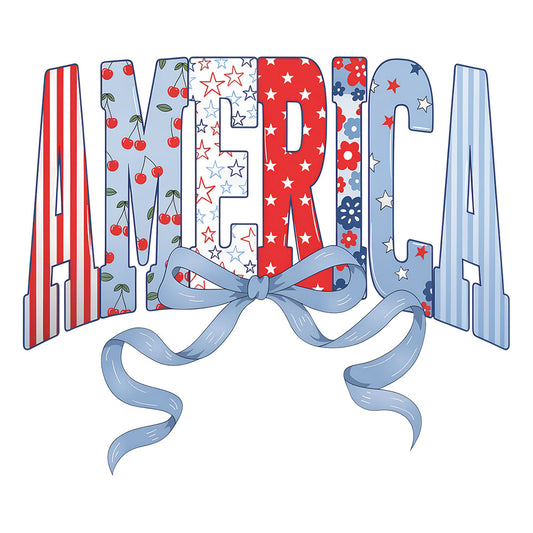 Coquette America DTF transfer design featuring AMERICA letters in red white and blue patterns including cherries, stars and stripes accented with a blue ribbon bow