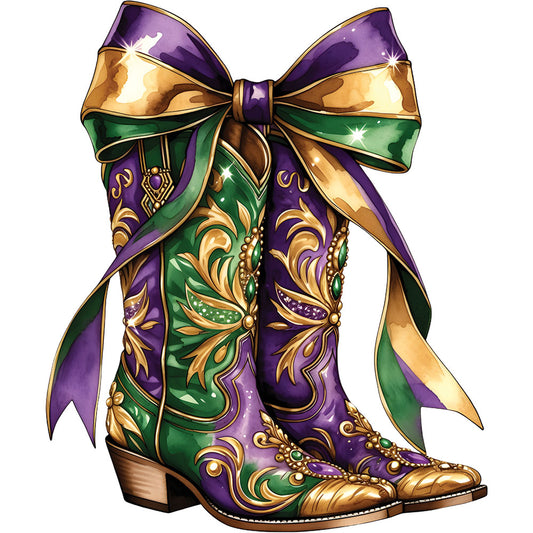 Coquette Boots Mardi Gras DTF transfer design featuring a tall cowboy boot decorated in purple green and gold Mardi Gras patterns topped with a green satin bow