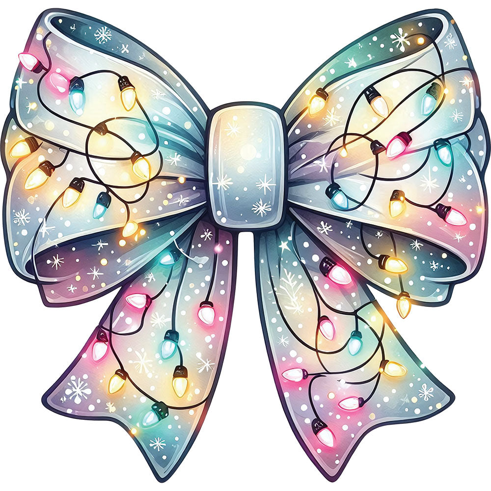Coquette Christmas Lights Blue Bow DTF transfer design featuring a large pastel blue and teal watercolor satin bow wrapped with colorful Christmas string lights and snowflake accents