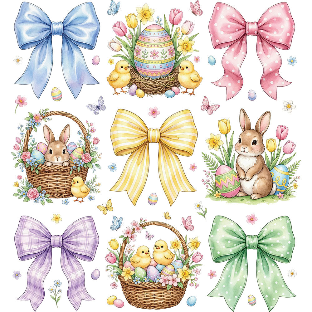 Coquette Easter Symbols DTF transfer design featuring pastel Easter eggs, bunny baskets and ribbon bows arranged in a soft pastel grid layout