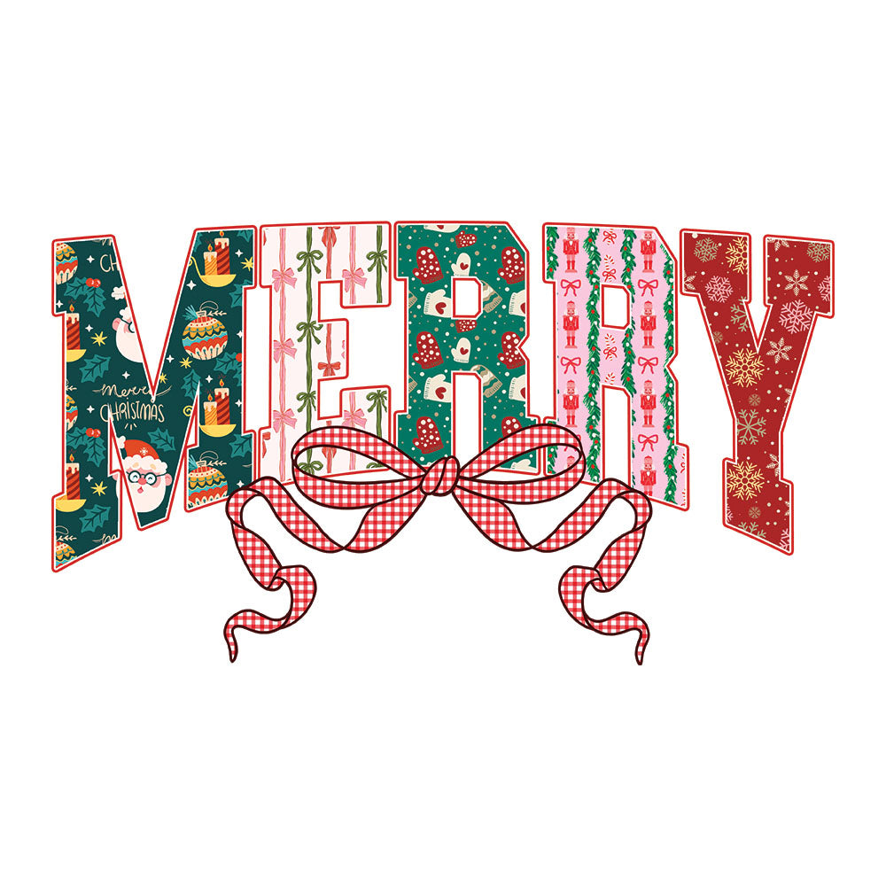 Coquette Merry DTF transfer design featuring large MERRY letters filled with patchwork Christmas patterns of trees, candy canes, nutcrackers and gnomes with a pink and red gingham ribbon bow