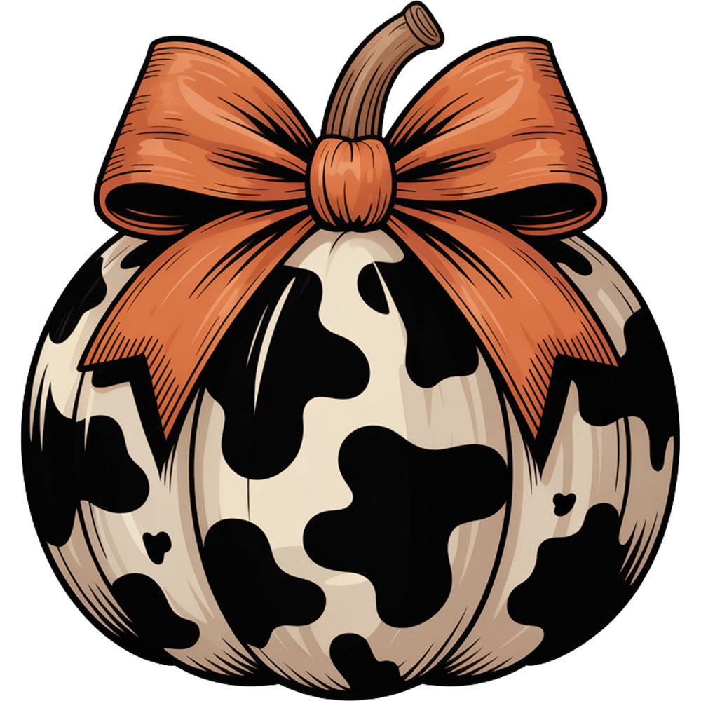 Cowprint Bow Pumpkin DTF transfer design featuring a black and white cow print patterned pumpkin topped with a large orange satin ribbon bow