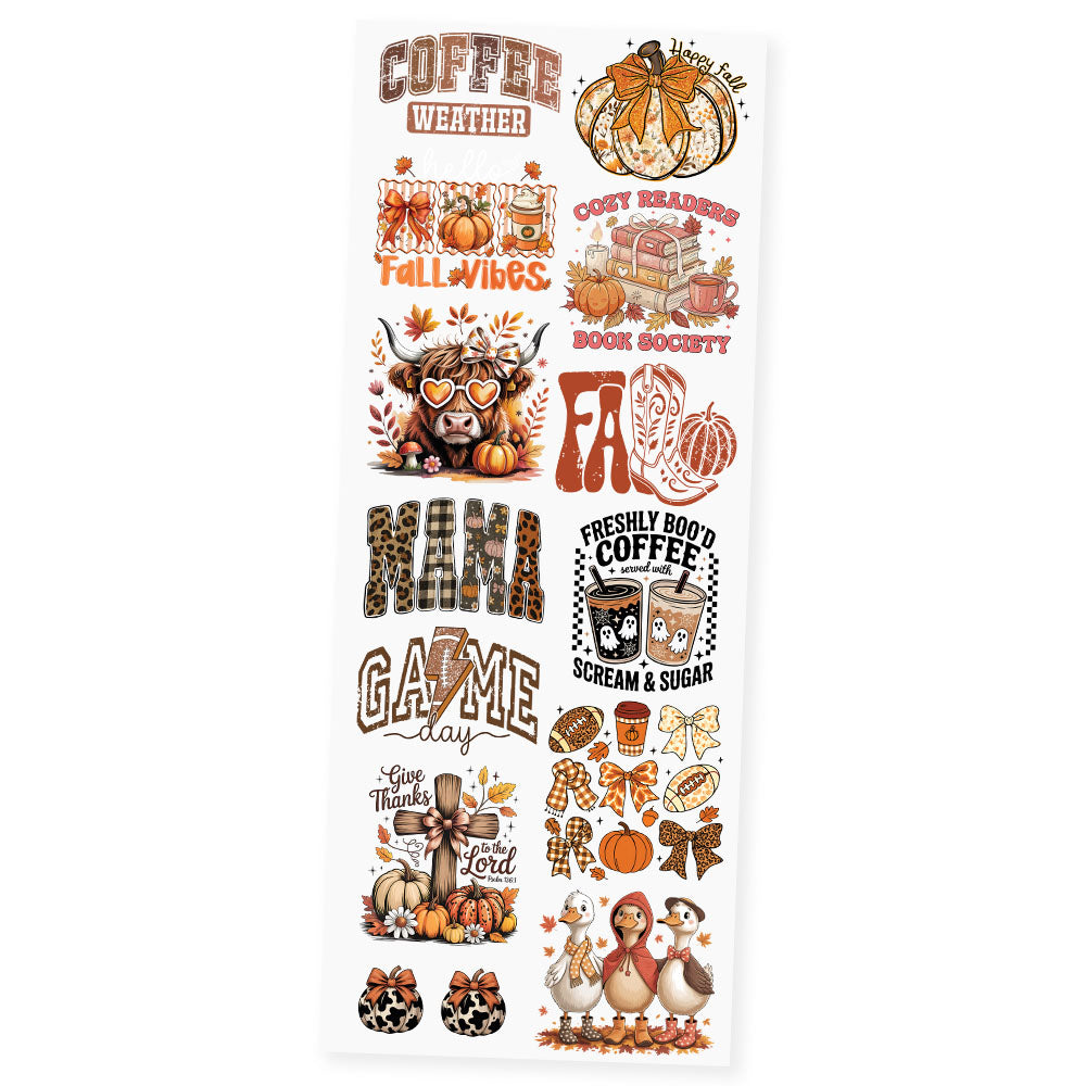 Cozy Chaos Fall premade DTF transfer gangsheet featuring autumn designs including Coffee Weather, Happy Fall pumpkin, Fall Vibes, Cozy Readers Book Society, highland cow with heart sunglasses, FALL cowboy boot, MAMA leopard print, GAME day, Freshly Boo'd Coffee and Give Thanks to the Lord cross