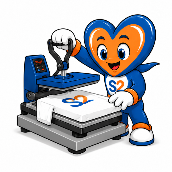 Buddy operating the heat press to apply a transfer to a shirt