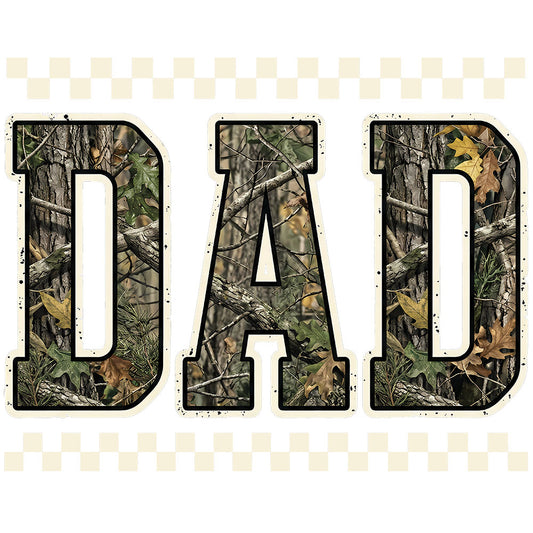 Dad Camo DTF transfer design featuring bold DAD typography filled with realistic forest camouflage pattern in greens and browns