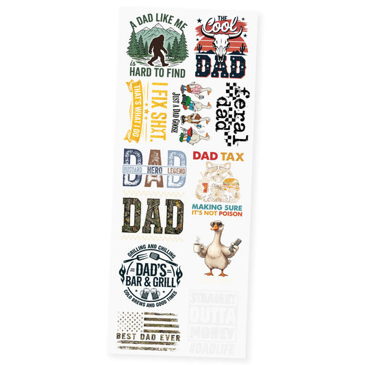 Dad Life Collection premade DTF transfer gangsheet featuring 12 dad and father designs including A Dad Like Me Is Hard To Find Bigfoot, The Cool Dad Western bull skull, I Fix Shit ribbon, Just A Dad Goose trio, Feral Dad, Dad Husband Hero Legend, Dad Tax raccoon, Dad Camo, Daddy Goose with coffee, Grilling And Chilling Dad's Bar & Grill, Best Dad Ever Camo Flag and Straight Outta Money DadLife