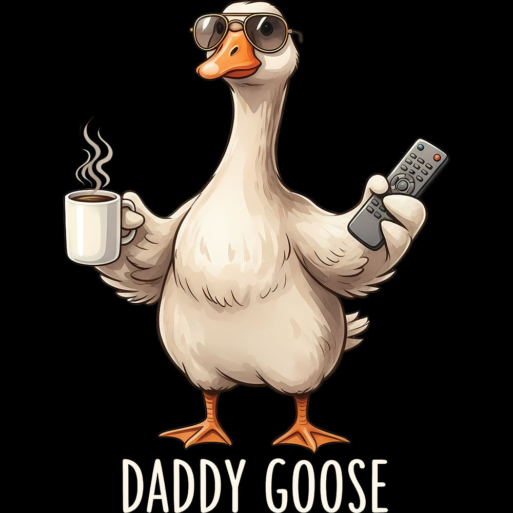 Daddy Goose DTF transfer design featuring a cartoon goose holding a coffee mug and smartphone with playful Daddy Goose typography