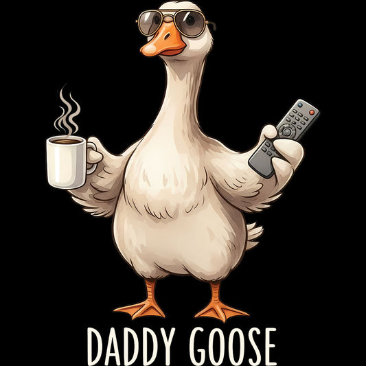 Daddy Goose DTF transfer design featuring a cartoon goose holding a coffee mug and smartphone with playful Daddy Goose typography