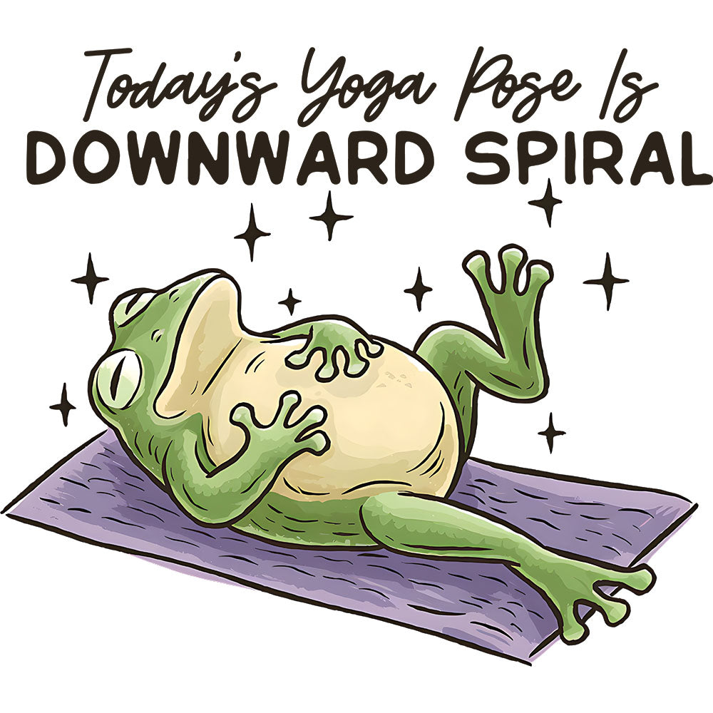Downward Spiral Frog DTF transfer design featuring a cartoon green frog meditating on a yoga mat with Today's Yoga Pose is Downward Spiral typography and sparkle accents