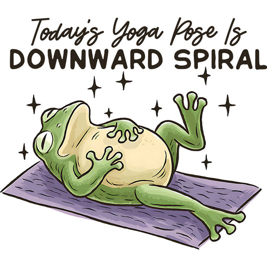 Downward Spiral Frog DTF transfer design featuring a cartoon green frog meditating on a yoga mat with Today's Yoga Pose is Downward Spiral typography and sparkle accents