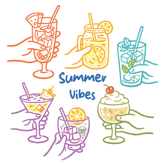 Drinks Summer Vibes DTF transfer design featuring six colorful line-art hands holding tropical summer drinks including cocktails, lemonade, iced coffee, and a frozen dessert with Summer Vibes text