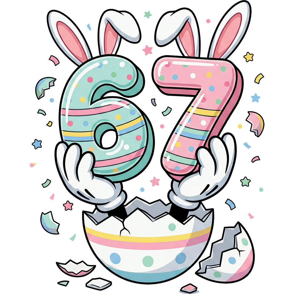 Easter 67 DTF transfer design featuring the numbers 6 and 7 in pastel Easter patterns being held by cartoon bunny-ear hands emerging from a cracked Easter egg with confetti