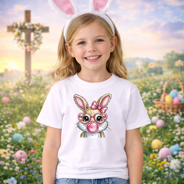 Easter Bunny Glam DTF transfer design mockup on a t-shirt featuring a cartoon bunny with pink heart-shaped glasses, a pink bow and pink bubble gum