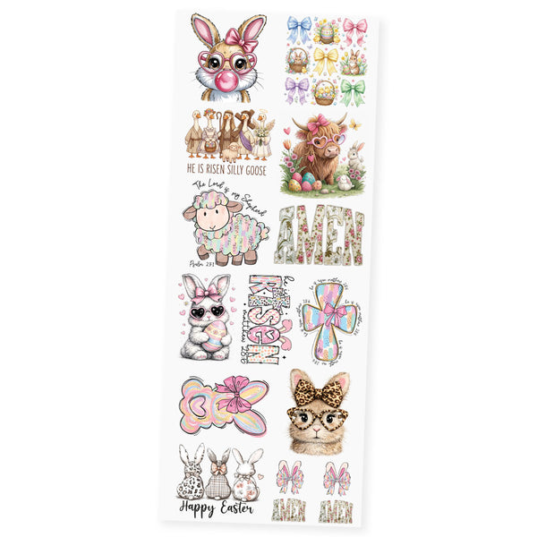 Easter Bunny and Spring Vibes premade DTF transfer gangsheet featuring 14 Easter and spring designs including Easter Bunny Glam with pink glasses, Coquette Easter Symbols, He Is Risen Silly Goose, Retro Easter Highland Cow, Lord Is My Shepherd pastel sheep, Amen Floral Pearls, Pastel Color Bunny, He Is Risen Easter print, Pastel Cross, Retro Preppy Bunny, Retro Leopard Bunny, Three Rustic Bunnies and Easter Bunny Ears Bow