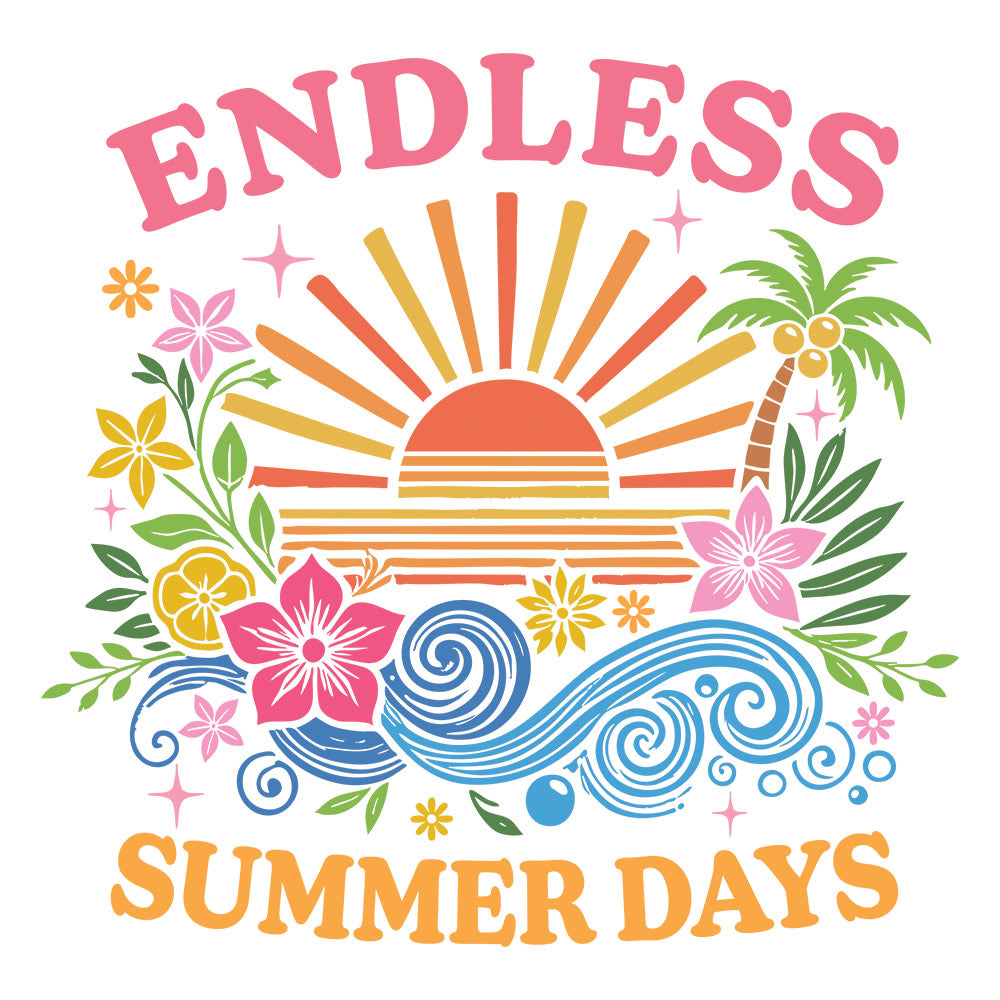 Endless Summer Days DTF transfer design featuring an orange sunset over palm trees and waves with hibiscus flowers and Endless Summer Days lettering