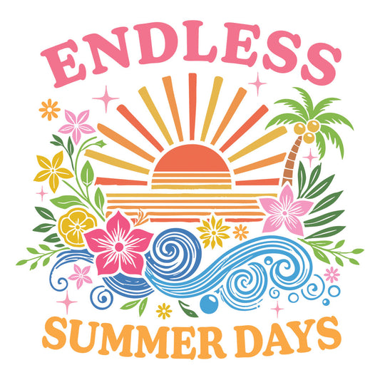 Endless Summer Days DTF transfer design featuring an orange sunset over palm trees and waves with hibiscus flowers and Endless Summer Days lettering