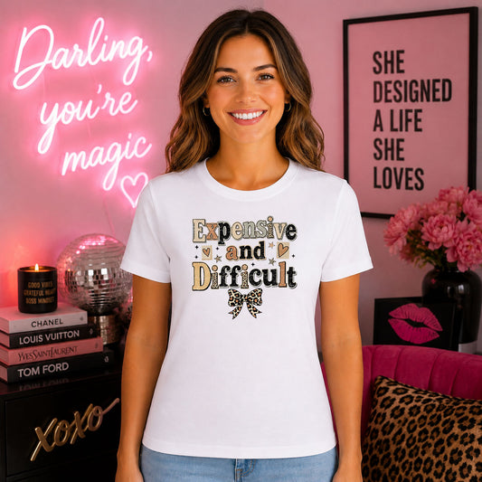 Expensive And Difficult DTF transfer design mockup on a t-shirt featuring Expensive And Difficult typography in leopard and warm tones with leopard bow accent