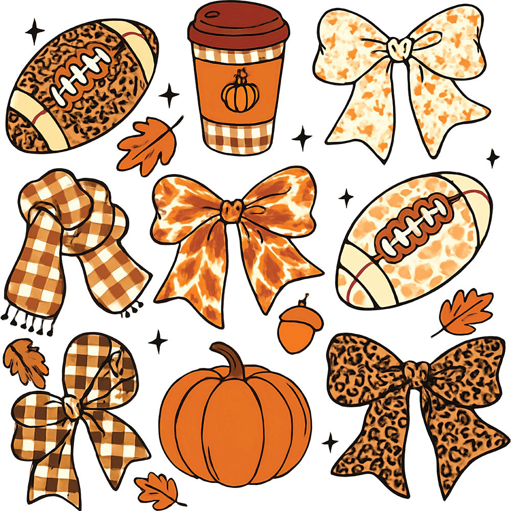Fall Football Symbols DTF transfer design featuring a grid of fall and football items including leopard footballs, pumpkin spice latte, fall bows, scarf, acorns and pumpkins