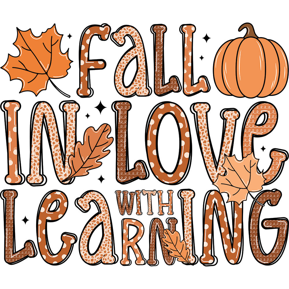 Fall In Love With Learning DTF transfer design featuring orange leopard typography reading Fall In Love With Learning surrounded by autumn leaves and a pumpkin