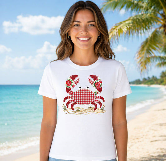 Faux Crochet Crab DTF transfer design mockup on a t-shirt featuring two cartoon red crabs rendered in faux crochet yarn texture