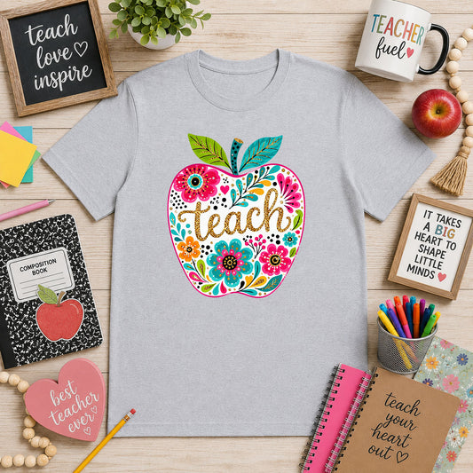 Faux Glitter Floral Teach Apple – DTF Transfer