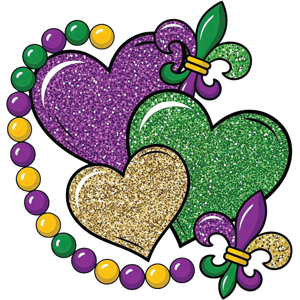 Faux Glitter Mardi Gras Symbols DTF transfer design featuring MARDI GRAS in faux glitter purple green and gold lettering accented with fleur-de-lis and Mardi Gras symbols