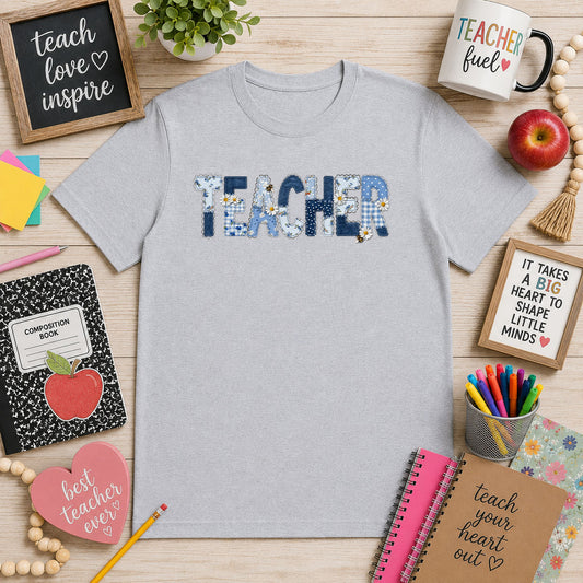 Faux Patch Blue Teacher – DTF Transfer