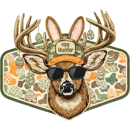 Faux Patch Egg Hunter DTF transfer design featuring a deer wearing bunny ears, sunglasses and an egg Hunter trucker cap on a camo Easter egg patch background