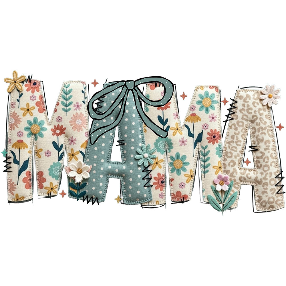 Faux Patch Mama Patterns DTF transfer design featuring MAMA in patchwork letters filled with mixed floral, plaid, faux yarn and western boot patterns