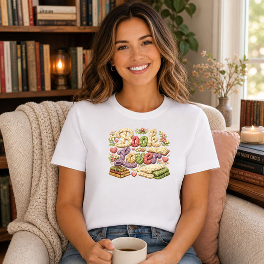 Faux Yarn Crochet Book Lover DTF transfer design mockup on a t-shirt featuring Book Lover in faux yarn crochet texture with crocheted books, hearts and flowers