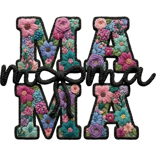 Faux Yarn Mama Floral Black DTF transfer design featuring MAMA letters filled with embroidered floral patterns in pink purple and teal on black yarn outlines with cursive mama script