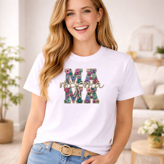 Faux Yarn Mama Floral DTF transfer design mockup on a t-shirt featuring MAMA letters in faux yarn embroidered floral and turquoise textures