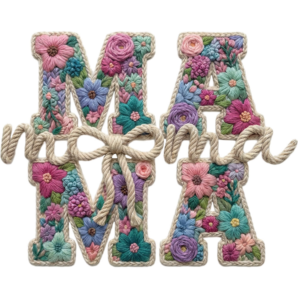 Faux Yarn Mama Floral DTF transfer design featuring MAMA letters rendered in faux yarn embroidered floral patterns with turquoise pink and white tones