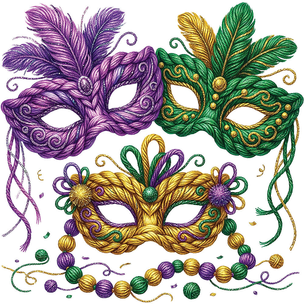 Faux Yarn Mardi Gras Masks DTF transfer design featuring three Mardi Gras masquerade masks rendered in faux yarn crochet texture in purple green and gold