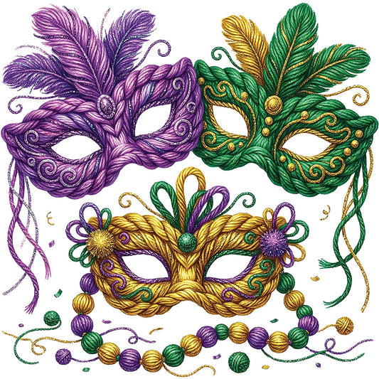 Faux Yarn Mardi Gras Masks DTF transfer design featuring three Mardi Gras masquerade masks rendered in faux yarn crochet texture in purple green and gold