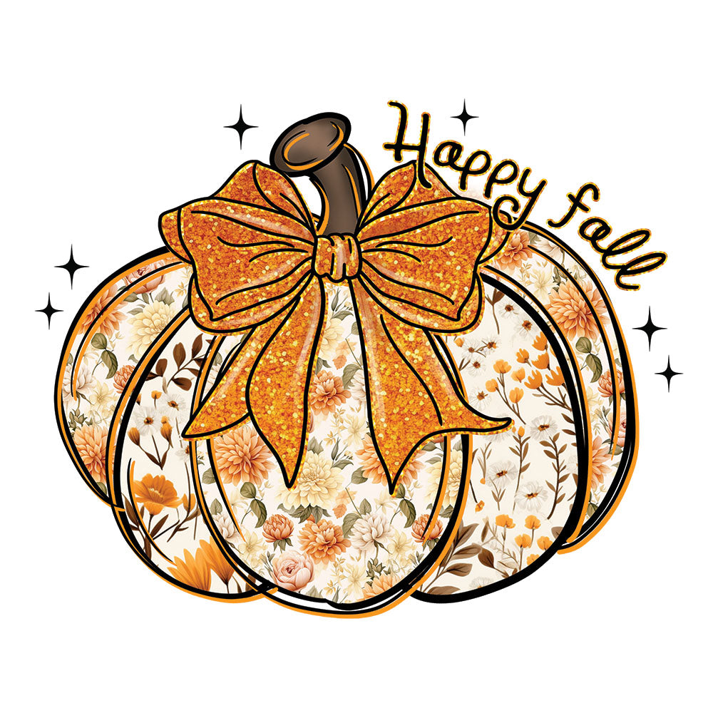 Faux Glitter Happy Fall Pumpkin DTF transfer design featuring a glittery orange pumpkin with floral patterns and an orange ribbon bow under Happy fall script