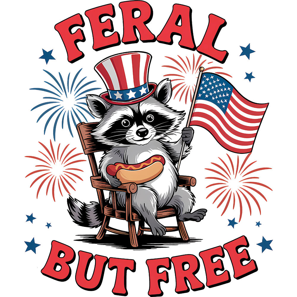 Feral But Free Hot Dog Raccoon DTF transfer design featuring a cartoon raccoon in Uncle Sam hat sitting in a rocking chair eating a hot dog with an American flag and fireworks behind