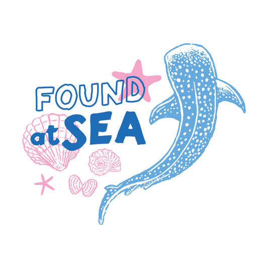 Found At Sea Whale DTF transfer design featuring a blue dotted whale shark with bold Found At Sea text and pink seashells, starfish, and a bow in a coastal style