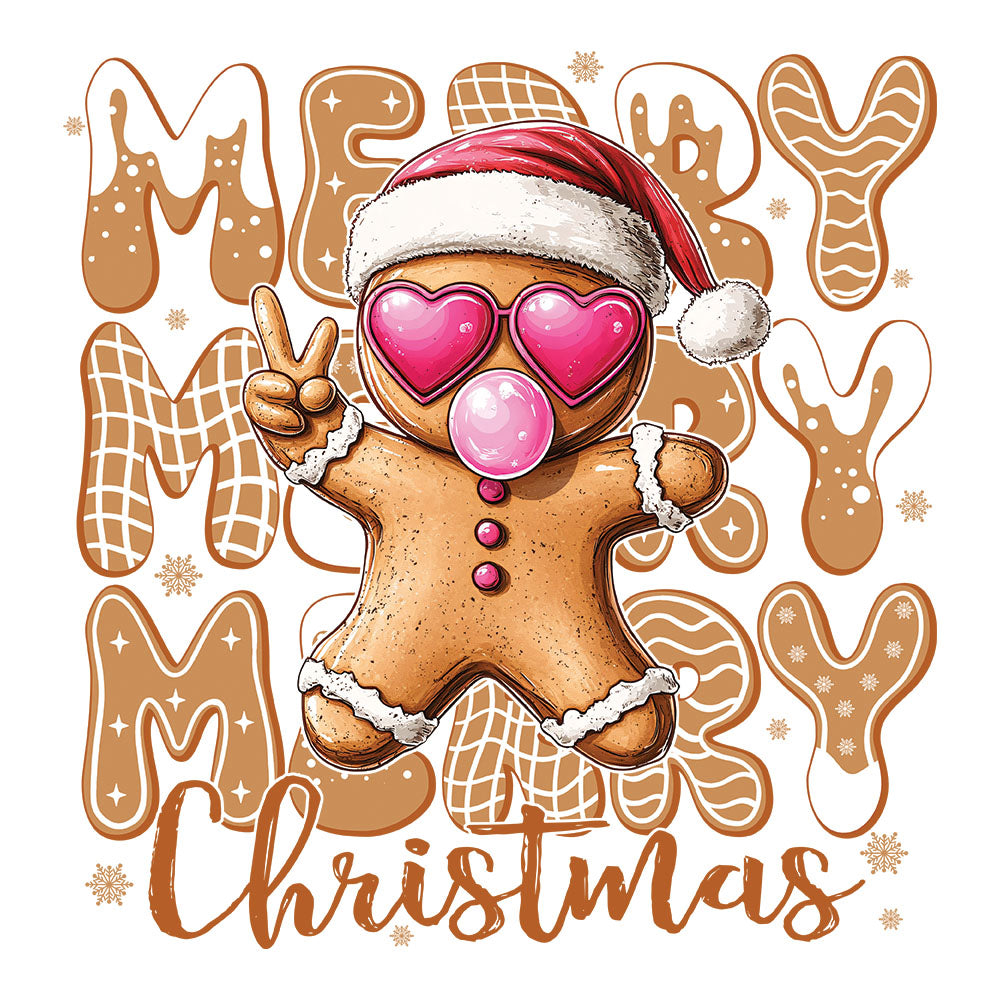 Gingerbread Merry Christmas DTF transfer design featuring a gingerbread man with heart sunglasses, Santa hat and peace sign hand surrounded by patterned gingerbread MERRY letters and Christmas script