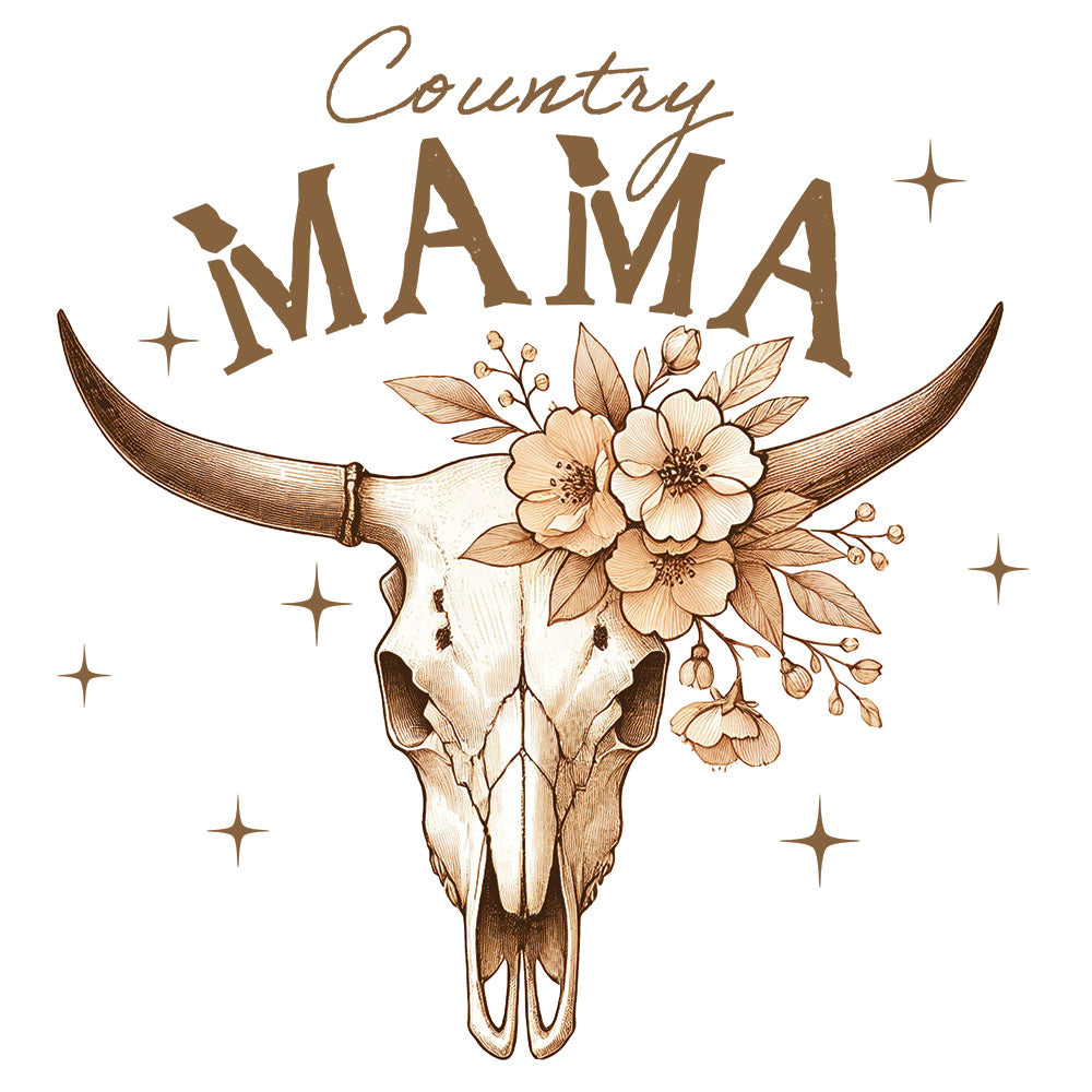 Girly Country Mama DTF transfer design featuring a longhorn bull skull with peach floral crown and brown Country MAMA typography with star accents