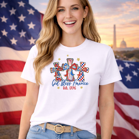 God Bless America Crosses DTF transfer design mockup on a t-shirt featuring three patriotic patterned crosses with God Bless America Est 1776 script and gold stars