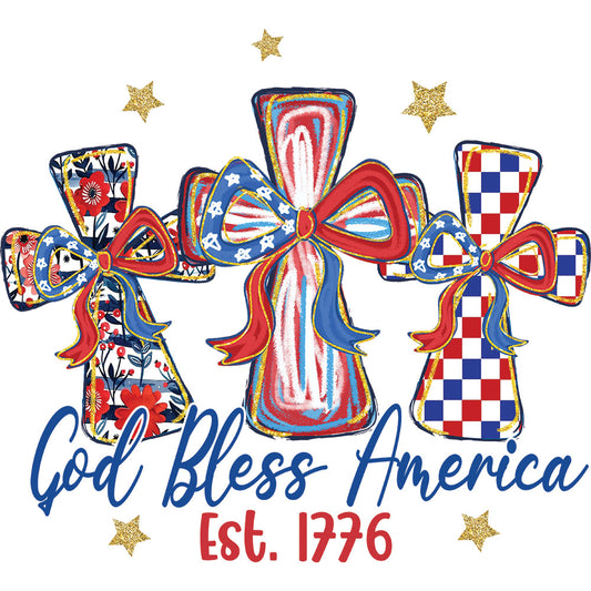 God Bless America Crosses DTF transfer design featuring three patriotic crosses in floral, striped and checkered red white and blue patterns with God Bless America Est 1776 script and gold star accents