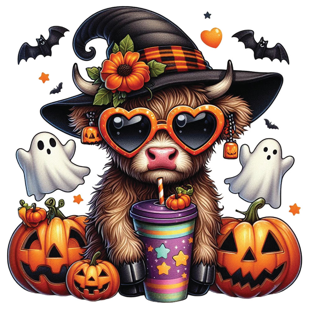 Halloween Highland Cow DTF transfer design featuring a fluffy highland cow with witch hat, heart sunglasses and earrings surrounded by jack-o-lantern pumpkins, ghosts, bats and a rainbow tumbler