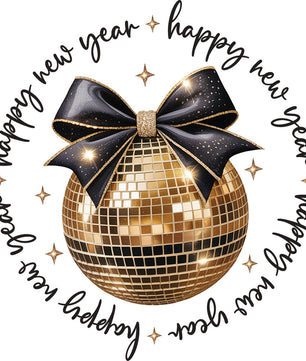 Happy New Year Sparkle Disco Bow Black – DTF Transfer