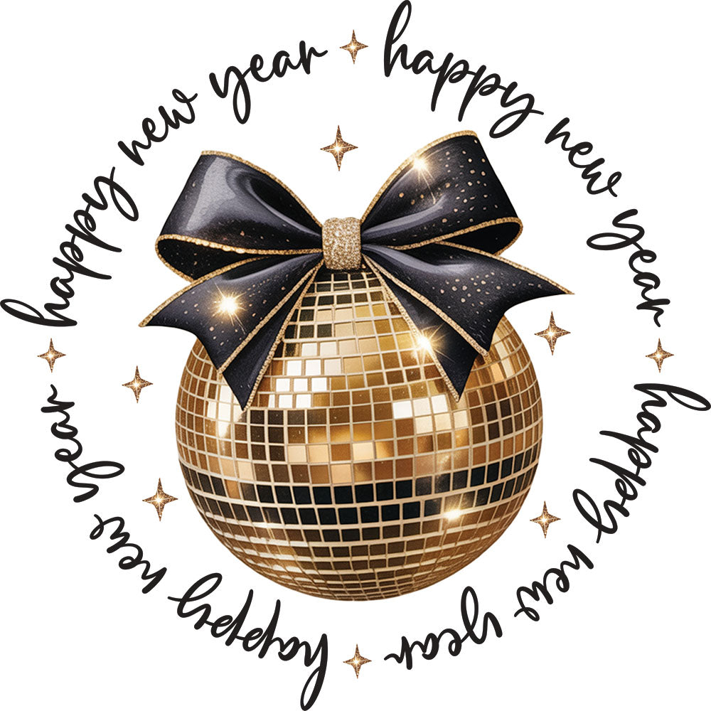 Happy New Year Sparkle Disco Bow Black DTF transfer design featuring a gold sequin disco ball with black bow encircled by black happy new year script lettering